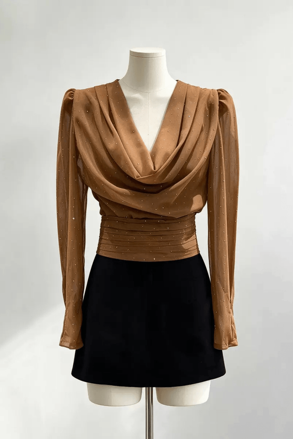 Karin Brown Sparkle Draped Neck Blouse Avalabel