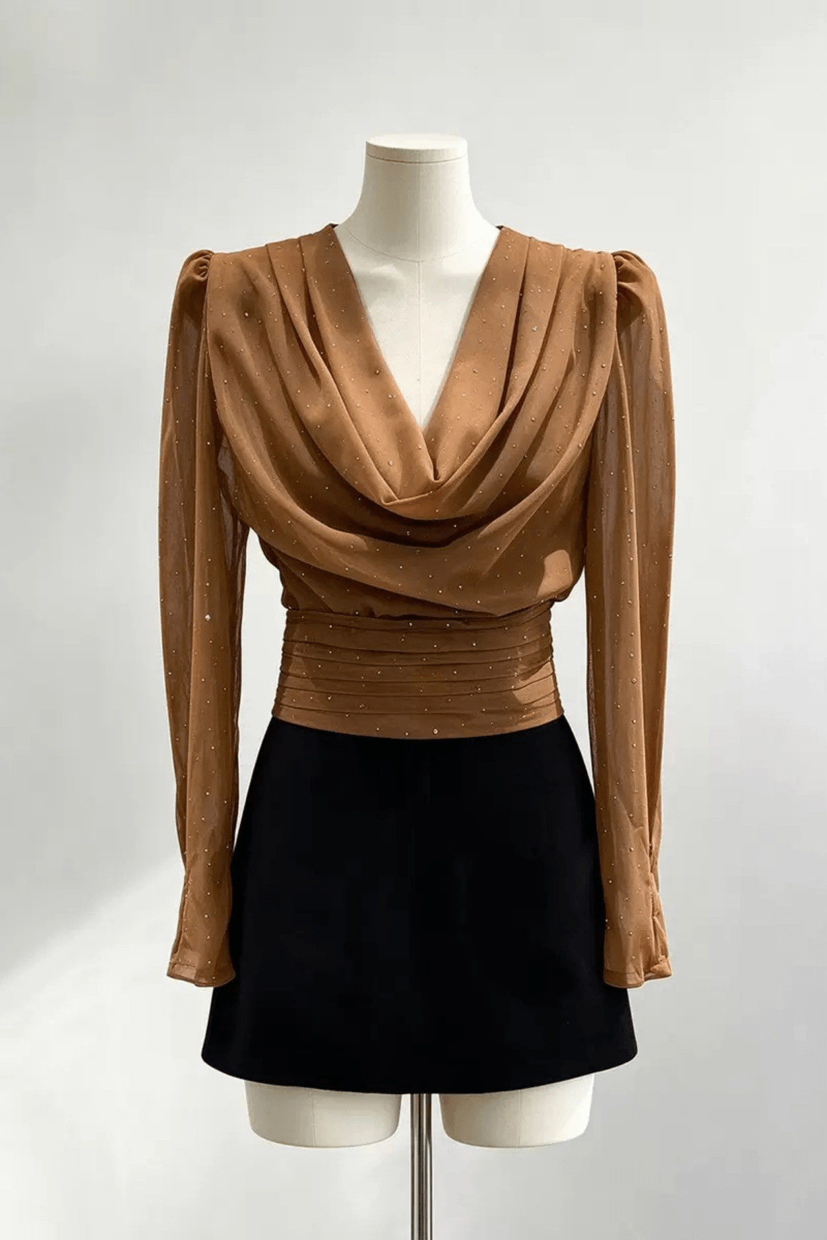 Karin Brown Sparkle Draped Neck Blouse Avalabel