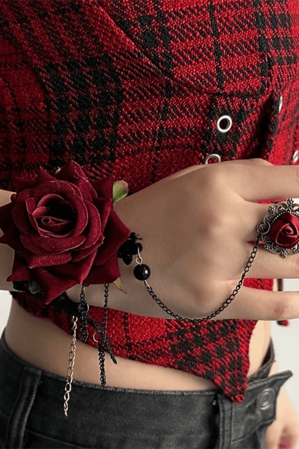 Gothic Burgundy Rose Lace Bracelet with Attached Ring Avalabel