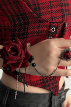 Gothic Burgundy Rose Lace Bracelet with Attached Ring Avalabel