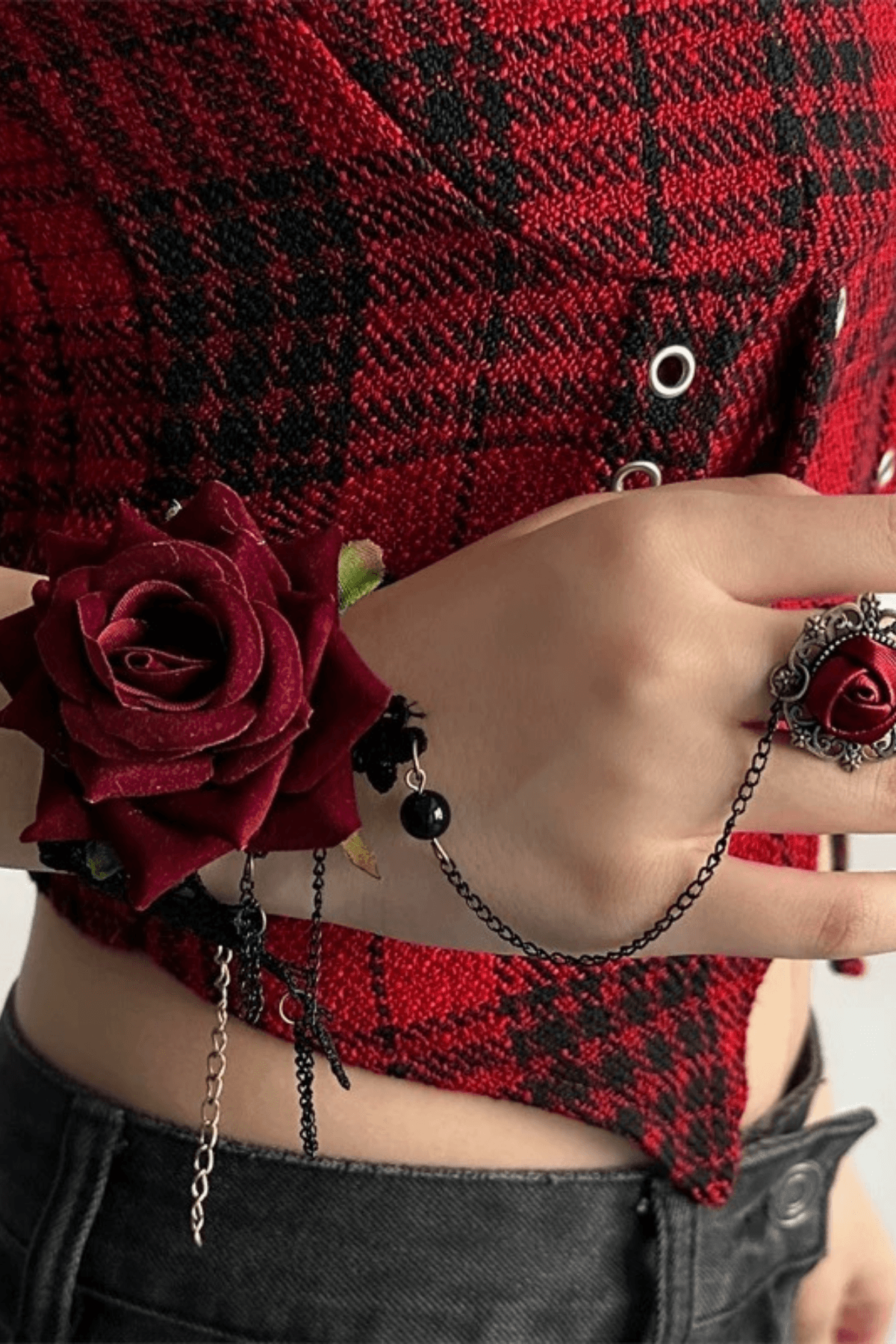 Gothic Burgundy Rose Lace Bracelet with Attached Ring Avalabel