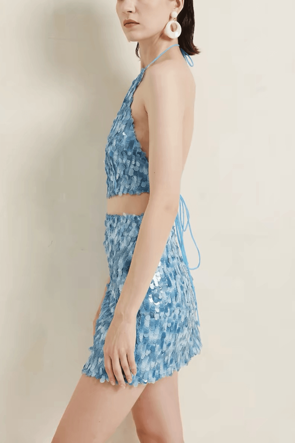 Avery Blue Sequin Halter Neck Two Piece Set Avalabel