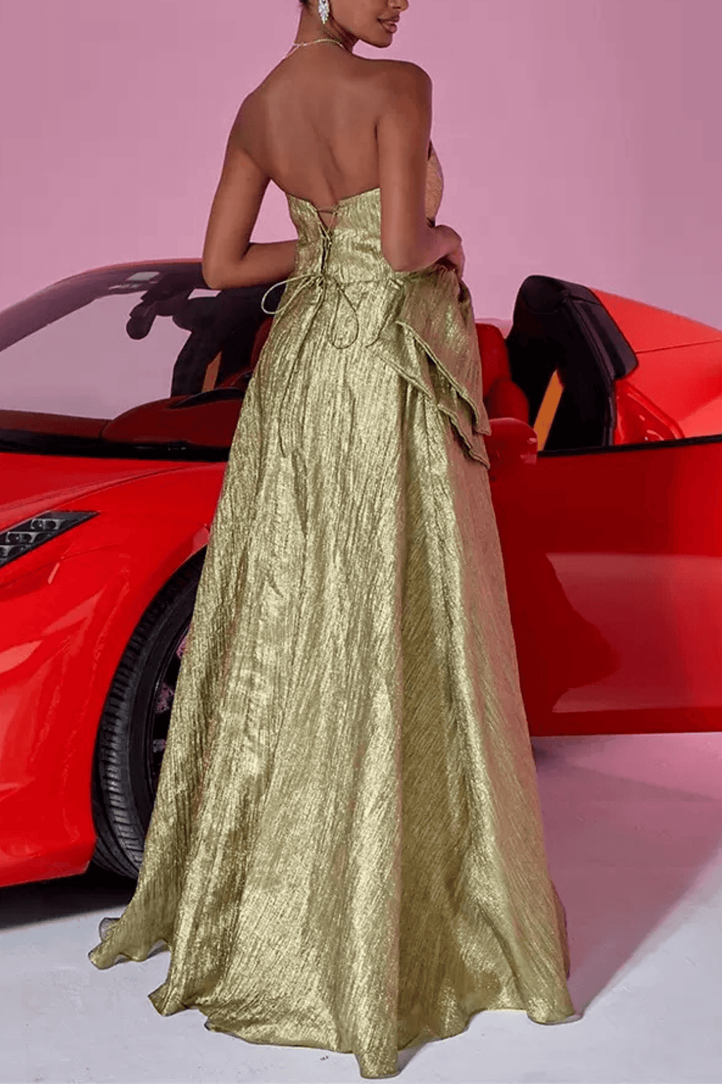 Nora Gold Metallic Strapless Bow Ruched Evening Dress Avalabel