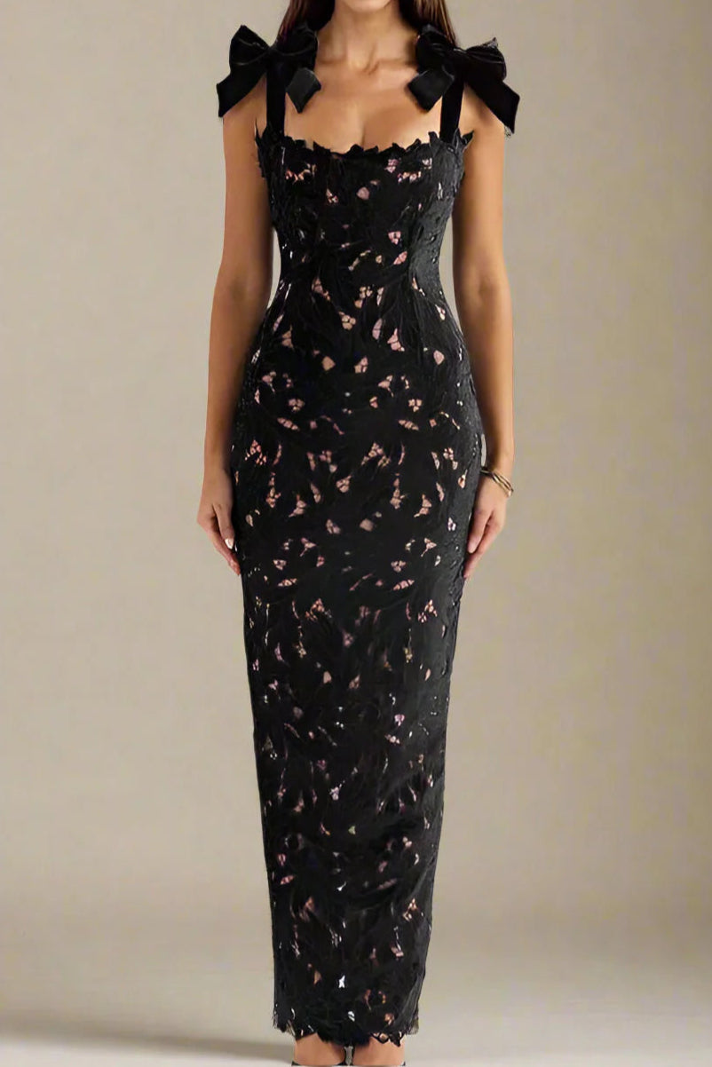 Hermosa Bow Strap Embroidered Lace Maxi Dress in black Avalabel