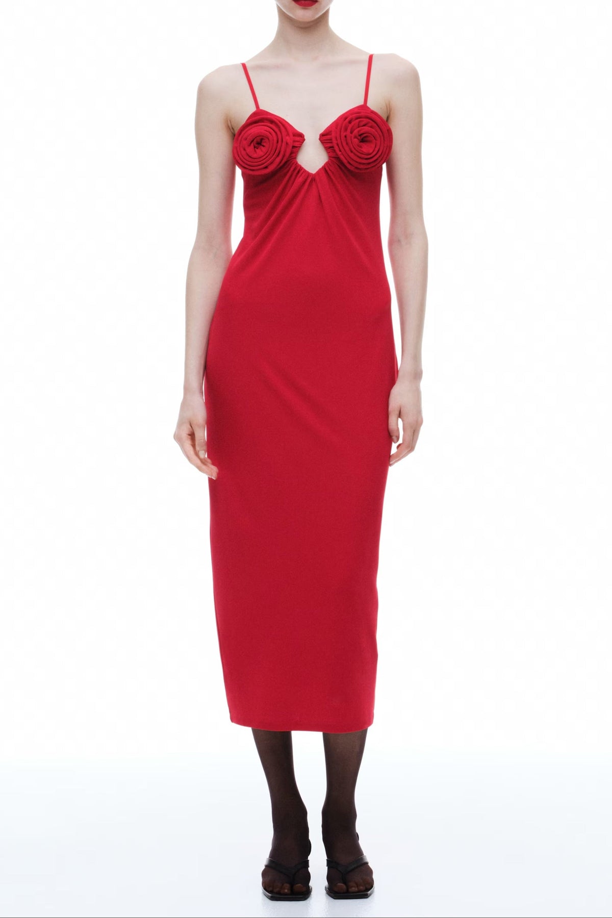 Rose Appliqué Strappy Maxi Dress in Red Avalabel