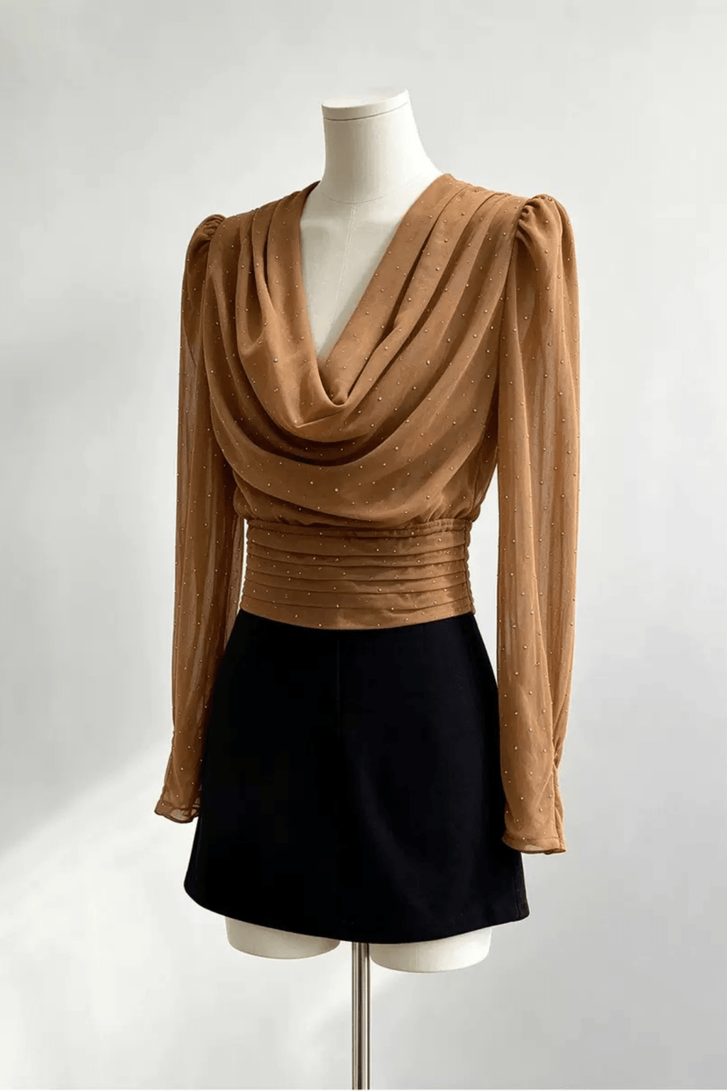 Karin Brown Sparkle Draped Neck Blouse Avalabel
