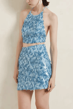 Avery Blue Sequin Halter Neck Two Piece Set Avalabel