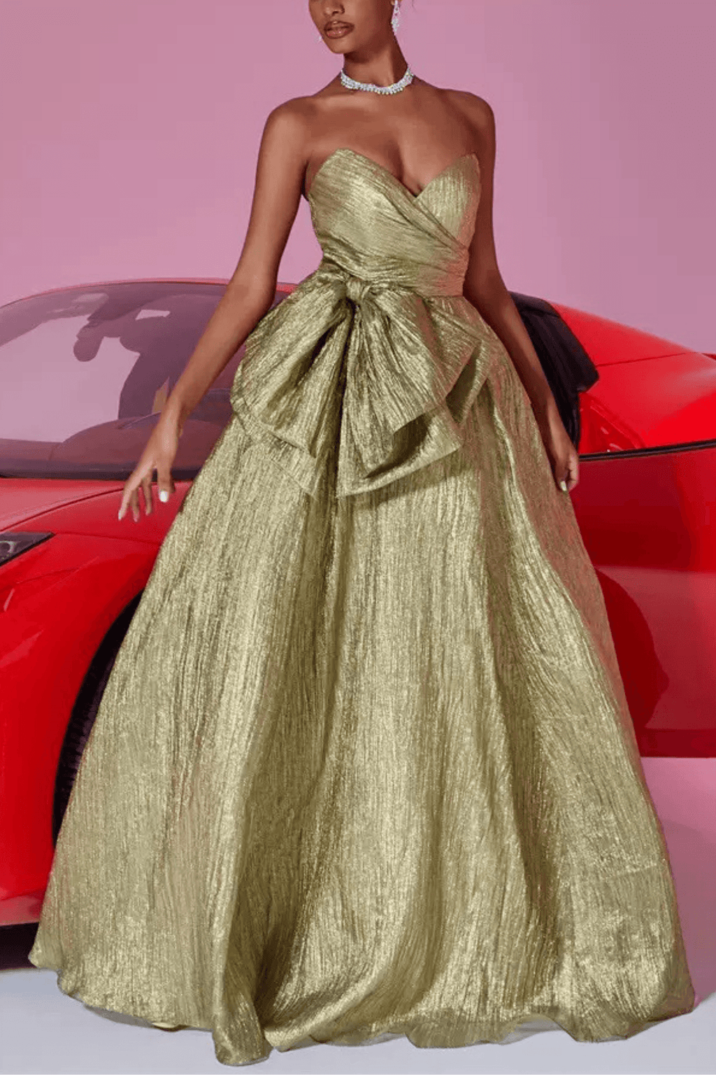 Nora Gold Metallic Strapless Bow Ruched Evening Dress Avalabel