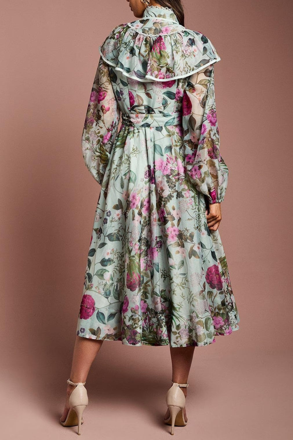 Green Long Sleeve Printed Organza Shirt Midi Dress Avalabel