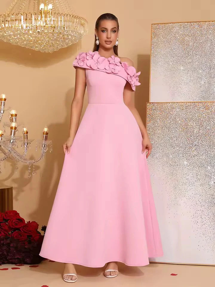 Cynthia Flower Slanted Collar Maxi Dress in Pink Avalabel