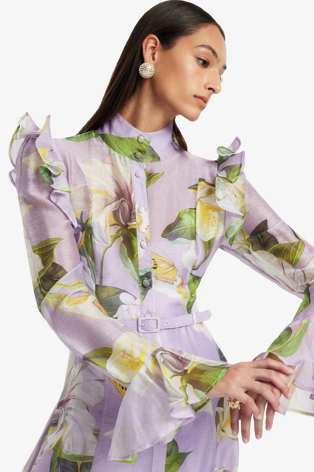 winni Lily Blossom Print Lilac Butterfly Sleeve Midi Dress Avalabel