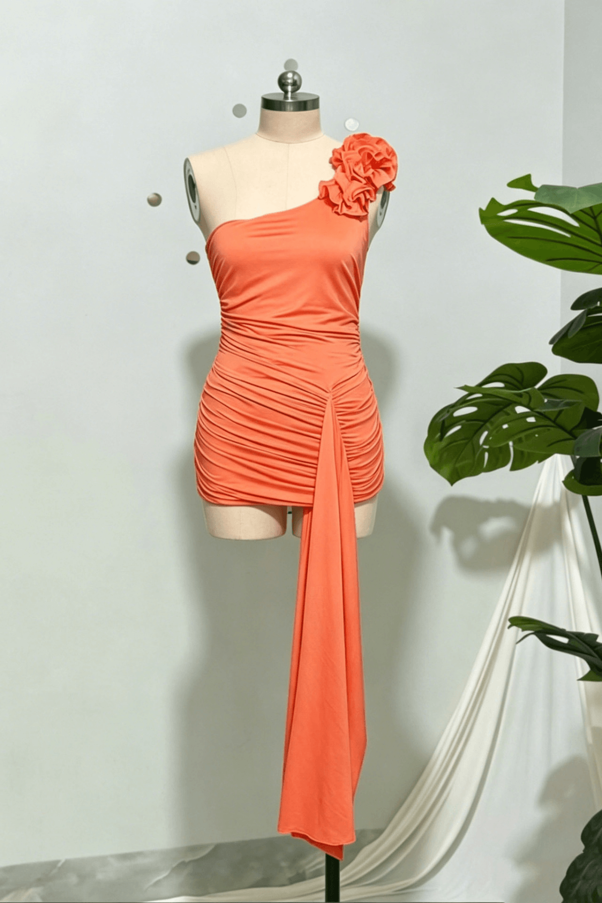 Joe One Shoulder 3D Flower Ruched Mini Dress Avalabel