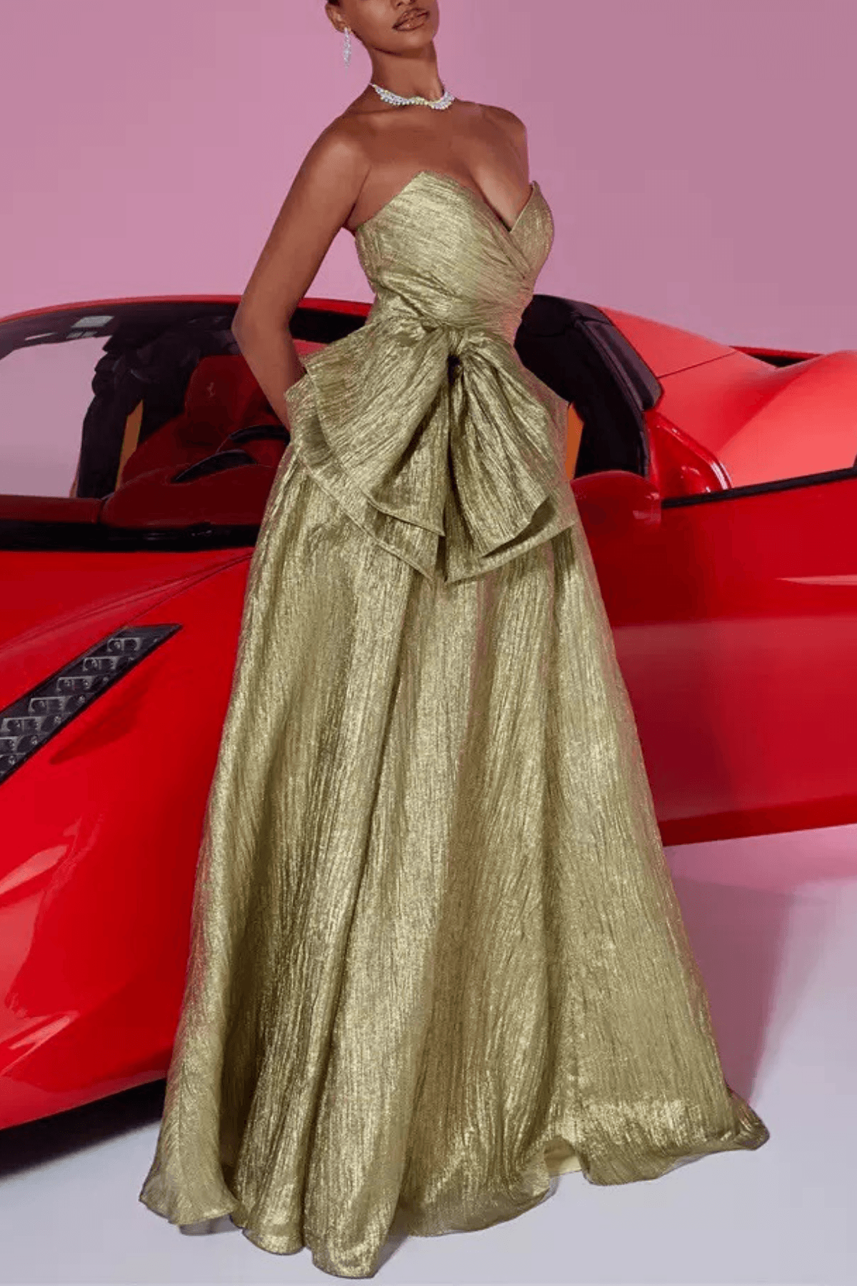 Nora Gold Metallic Strapless Bow Ruched Evening Dress Avalabel