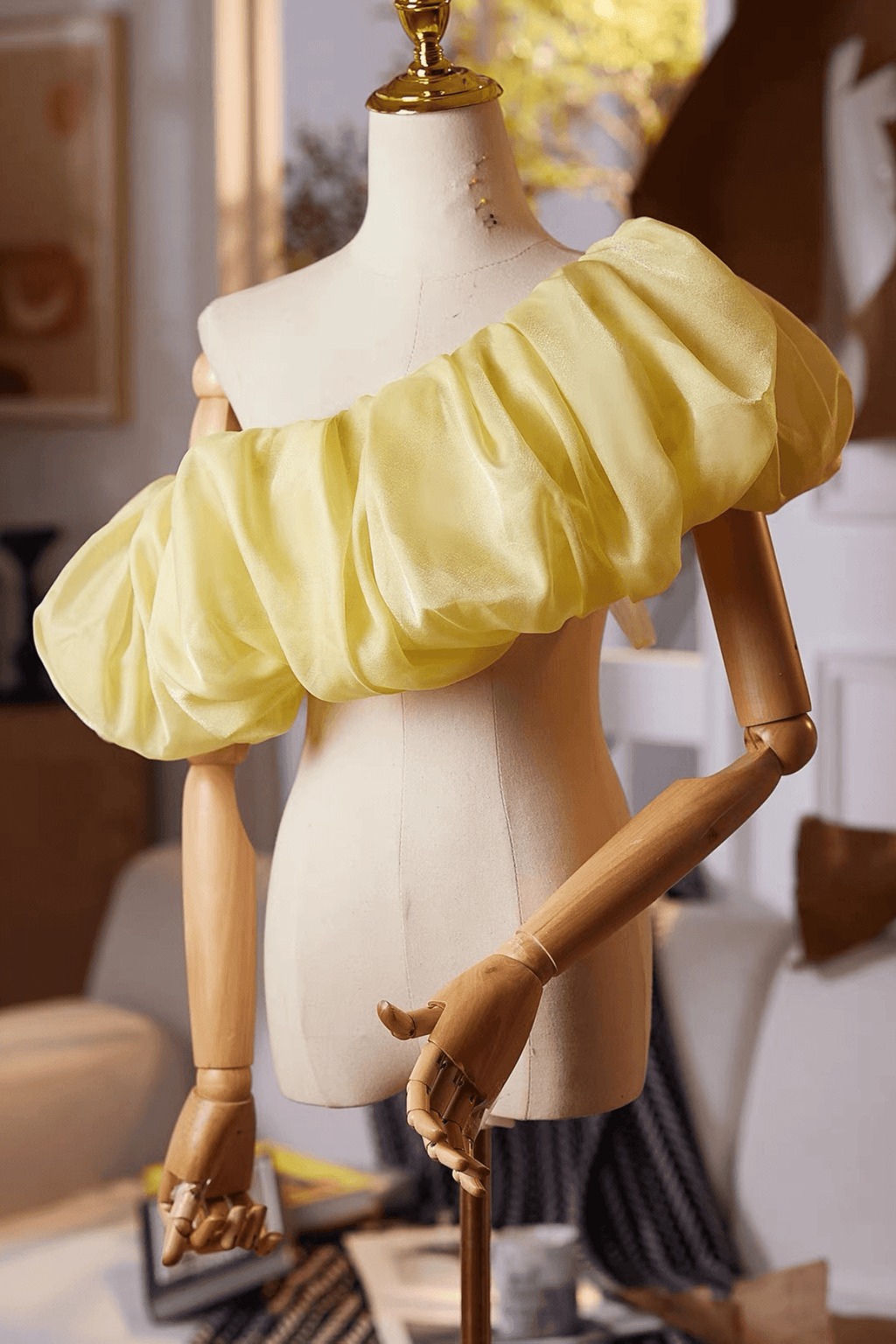 Yellow Off Shoulder Puff Tulle Shoulder Shawl Avalabel
