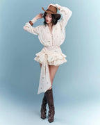Amelia Embroidered Floral V-neck Ruffle Mini Dress in Apricot Avalabel
