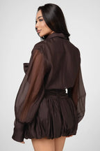 viola dark brown tie-neck bow mini shirt dress Avalabel