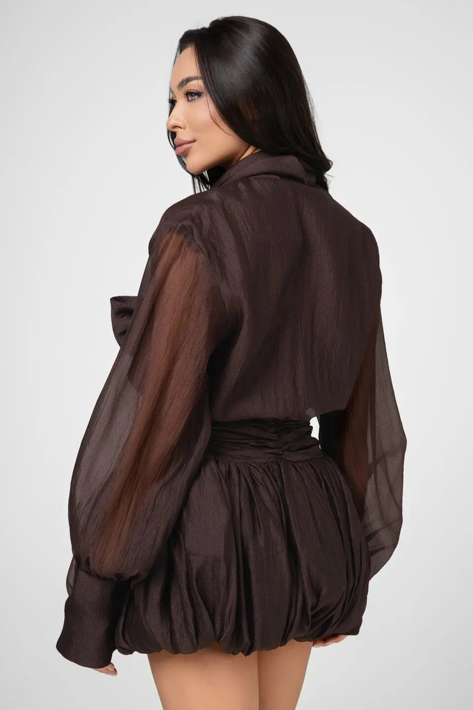 viola dark brown tie-neck bow mini shirt dress Avalabel