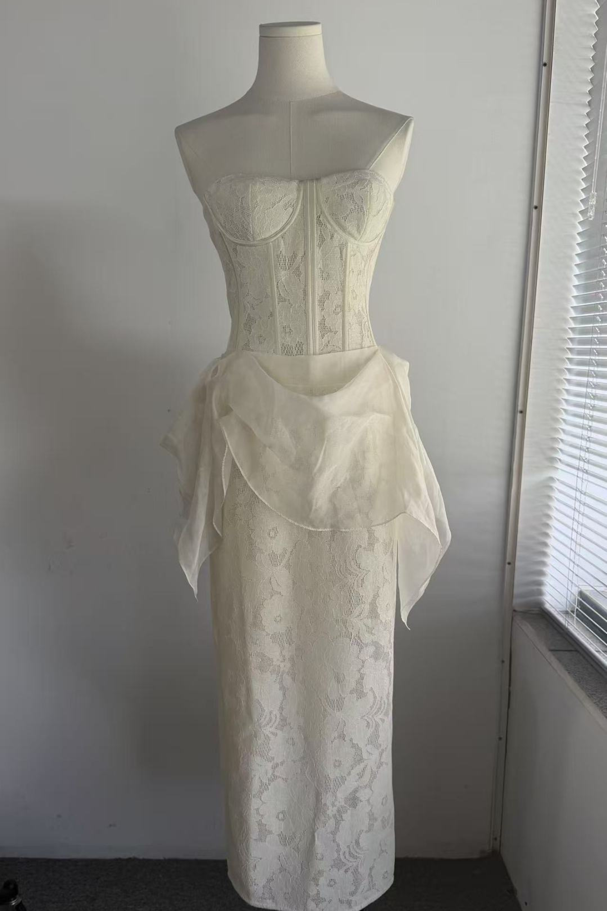 Rae White Lace Corset Midi Satin Sash Dress with Flowy Sash - Avalabel