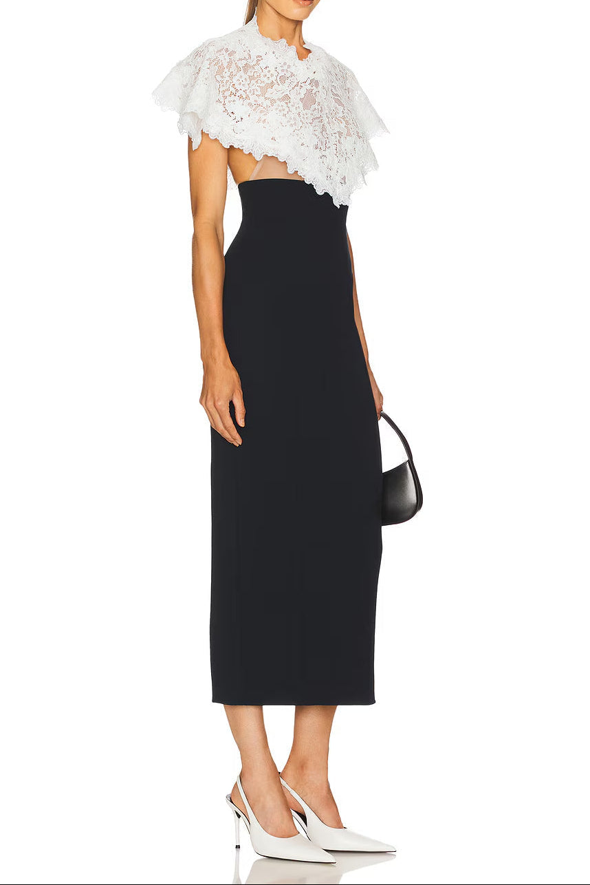 alice lace patchwork shawl bodycon midi dress in black Avalabel