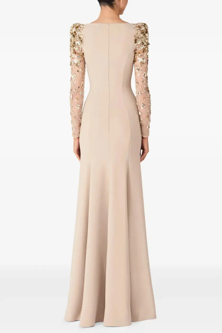 martha Mesh splicing beading diamond maxi dress in apricot Avalabel