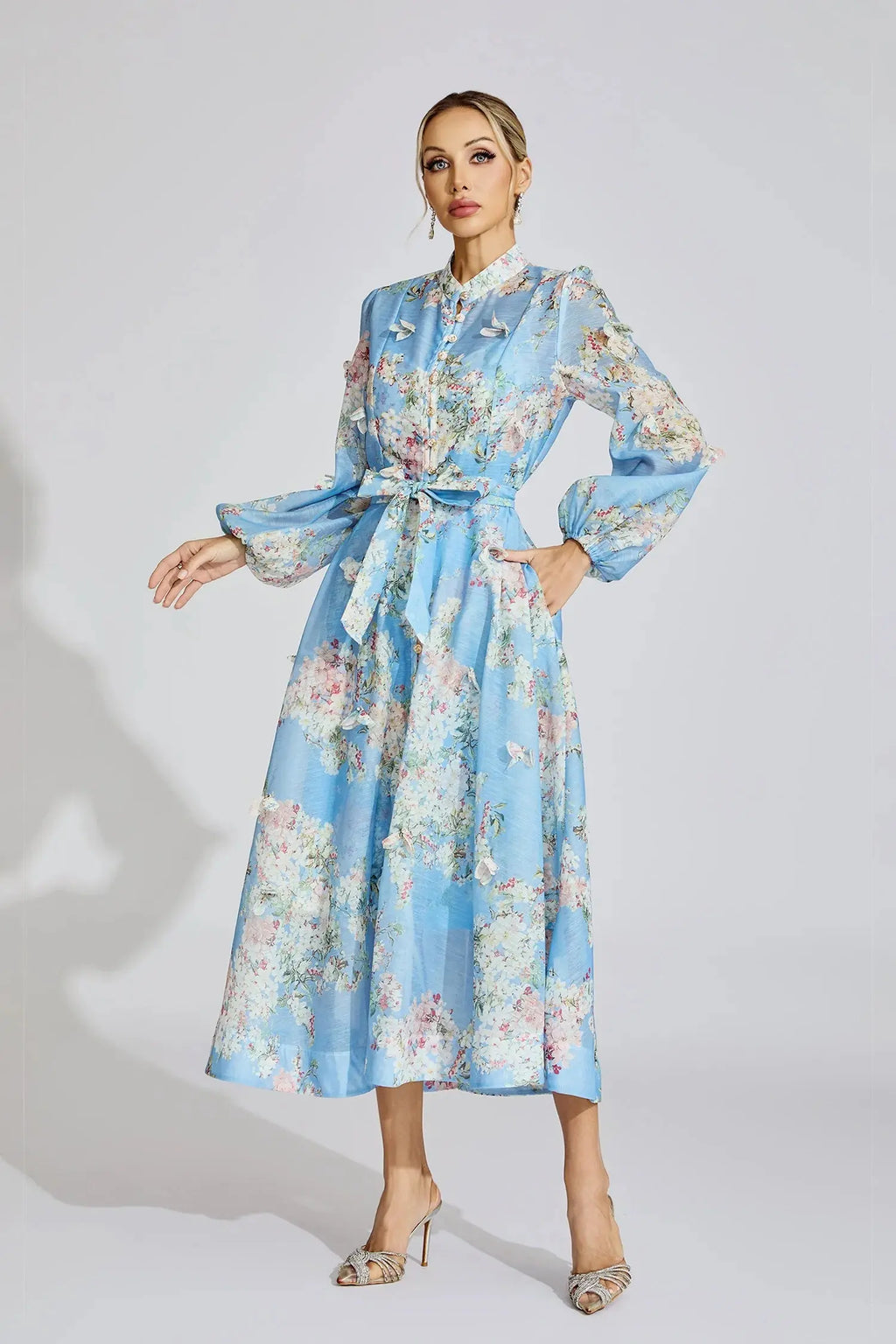Tiffany Pale Blue Floral Printed Puff Sleeve Maxi Dress Avalabel