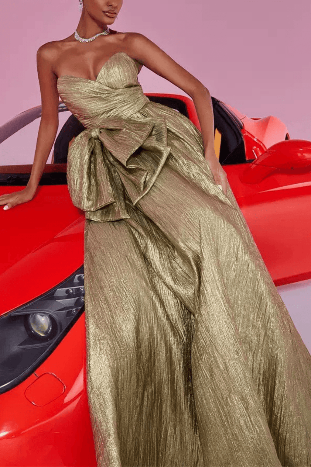 Nora Gold Metallic Strapless Bow Ruched Evening Dress Avalabel