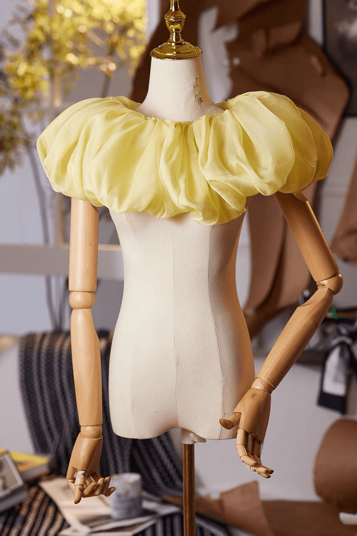 Yellow Off Shoulder Puff Tulle Shoulder Shawl Avalabel