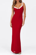 Red Bustier Maxi Dress with a V-Neckline Avalabel