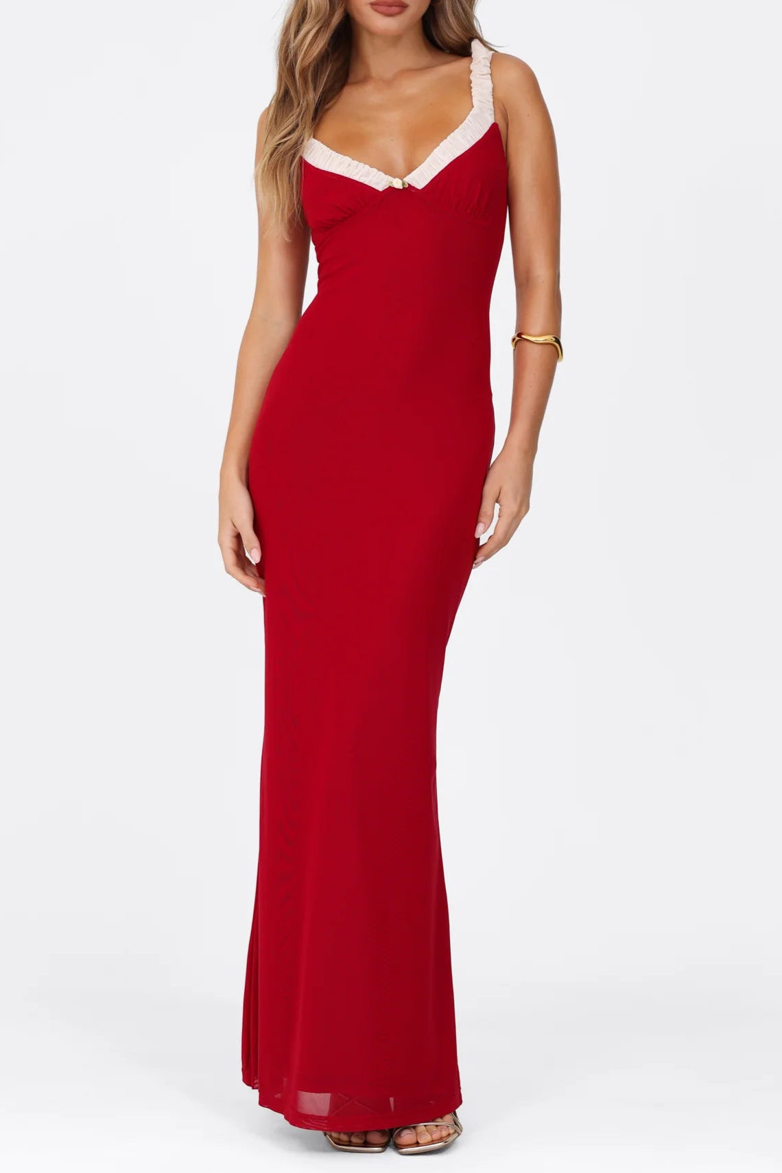 Red Bustier Maxi Dress with a V-Neckline Avalabel