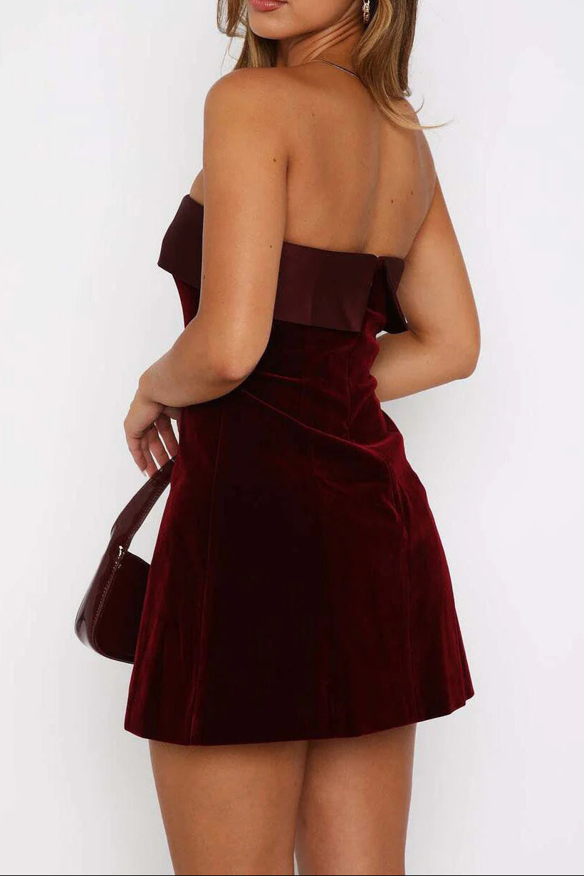 maud Velvet Strapless bodycon Mini Dress in wine Avalabel