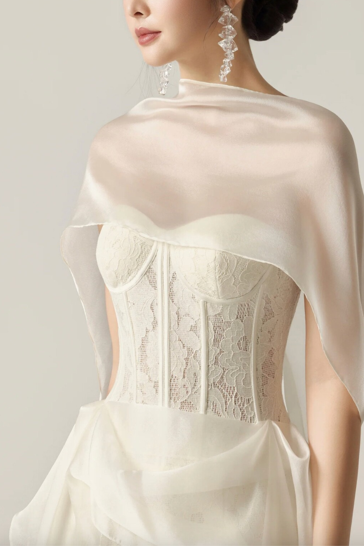 Rae White Lace Corset Midi Satin Sash Dress with Flowy Sash - Avalabel