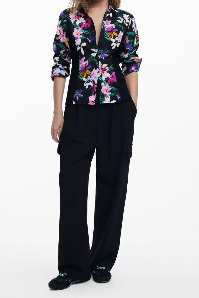 Black Vibrant Floral Print Long Sleeve Button-Down Shirt Avalabel