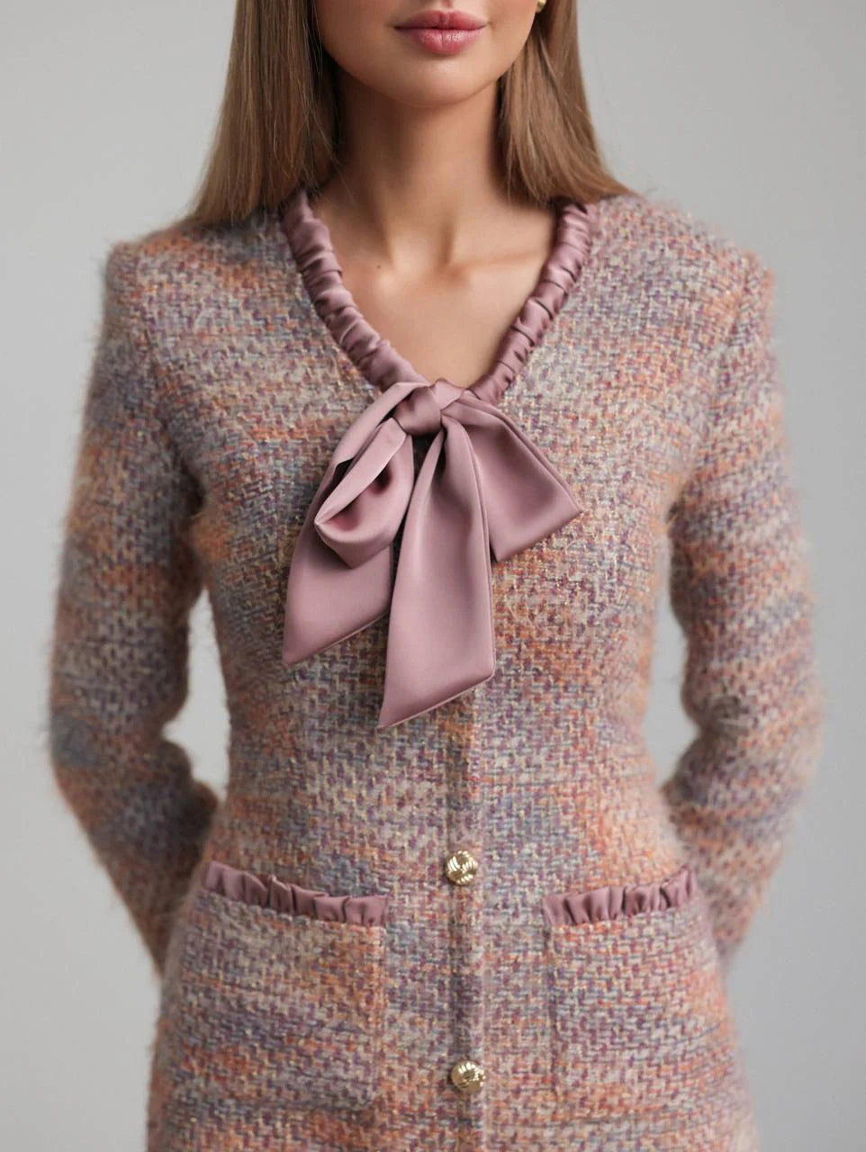 xylia bow v-neck long sleeve mini dress in multicolor Avalabel