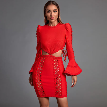 Sandra Red Long Sleeve Cut Out Lace Mini Dress Avalabel