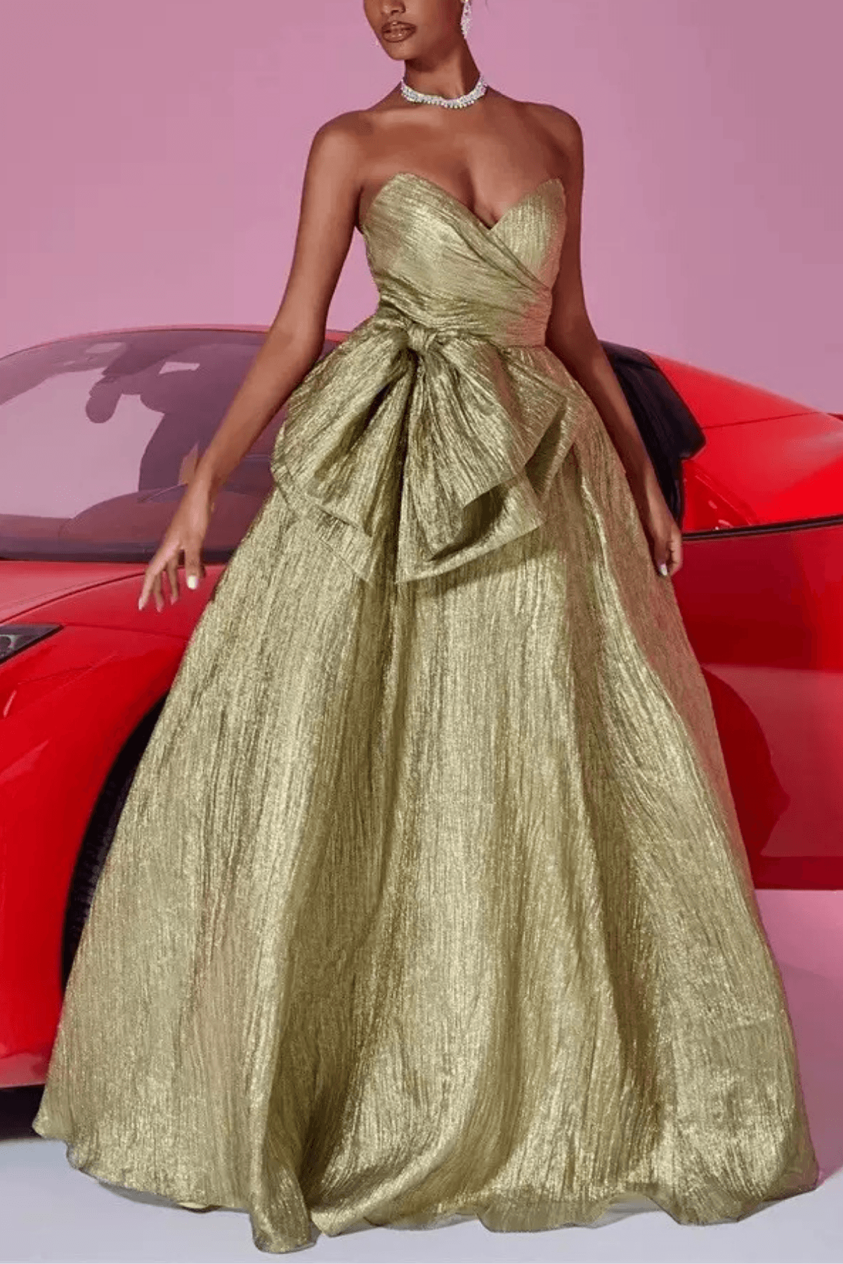 Nora Gold Metallic Strapless Bow Ruched Evening Dress Avalabel