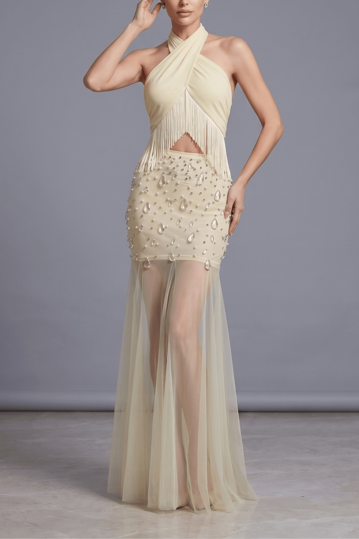 Fiona Halter Fringe Beaded Mesh Maxi Dress Avalabel