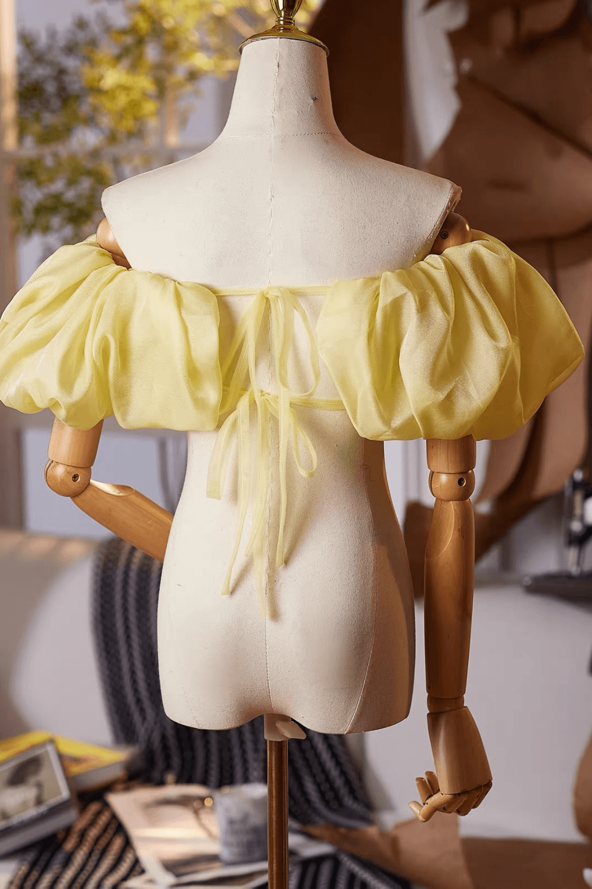 Yellow Off Shoulder Puff Tulle Shoulder Shawl Avalabel