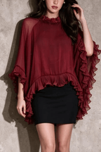 Aura Burgundy Floral Neck Ruffled Blouse Avalabel