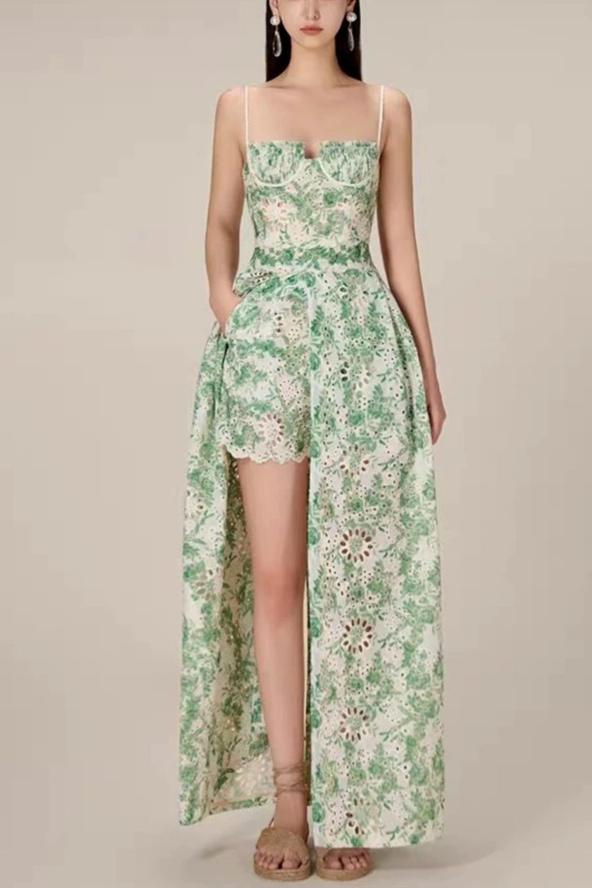Margaux Green Floral Embroidered Halter Dress Avalabel