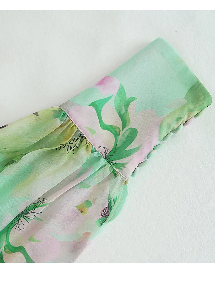 V Neck Floral Print Chiffon Maxi Dress in Green Avalabel