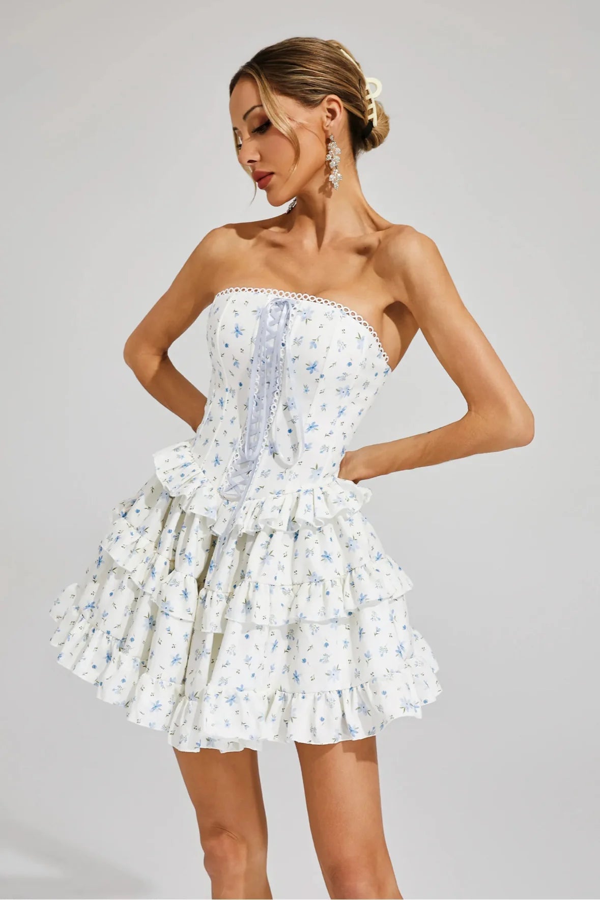 Martha Ruffle Printed Strapless Mini Dress in Blue Avalabel