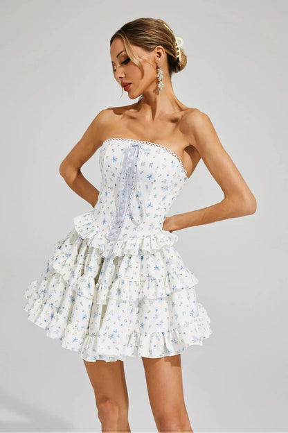 Martha Ruffle Printed Strapless Mini Dress in Blue