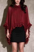 Aura Burgundy Floral Neck Ruffled Blouse Avalabel