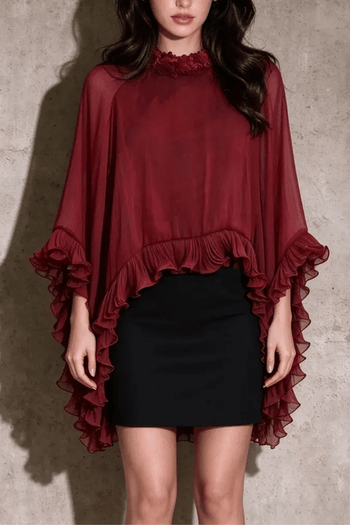 Aura Burgundy Floral Neck Ruffled Blouse Avalabel