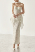 Rae White Lace Corset Midi Satin Sash Dress with Flowy Sash - Avalabel