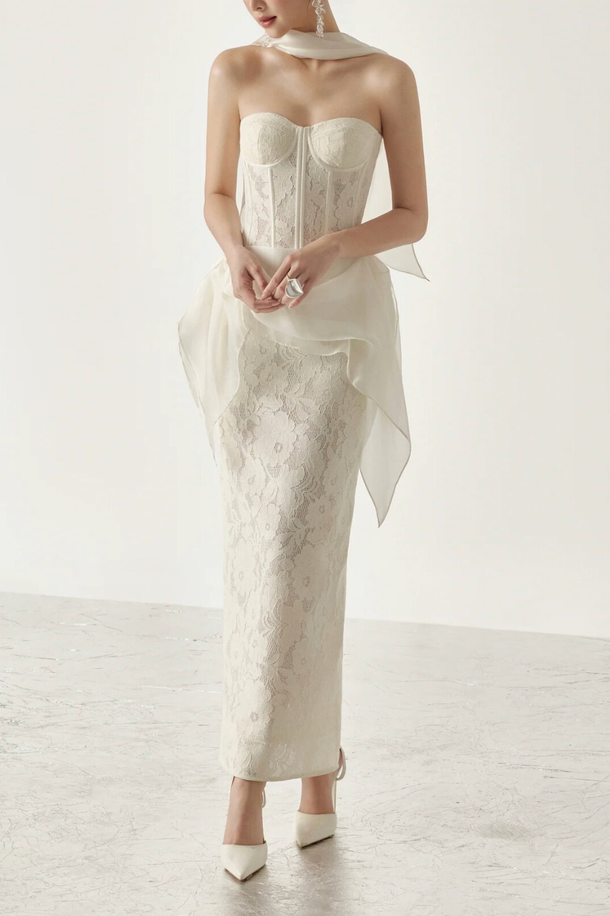 Rae White Lace Corset Midi Satin Sash Dress with Flowy Sash - Avalabel