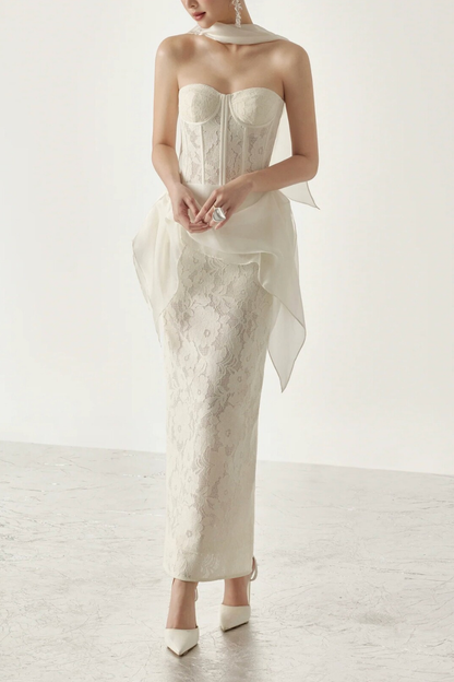 Rae White Lace Corset Midi Dress With Satin Flowy Sash