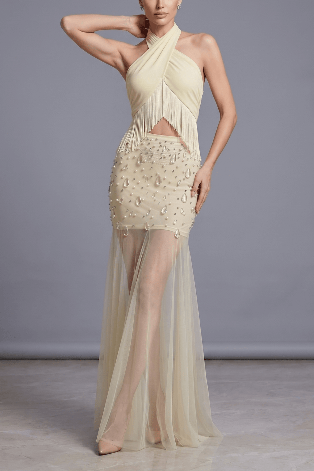 Fiona Halter Fringe Beaded Mesh Maxi Dress Avalabel