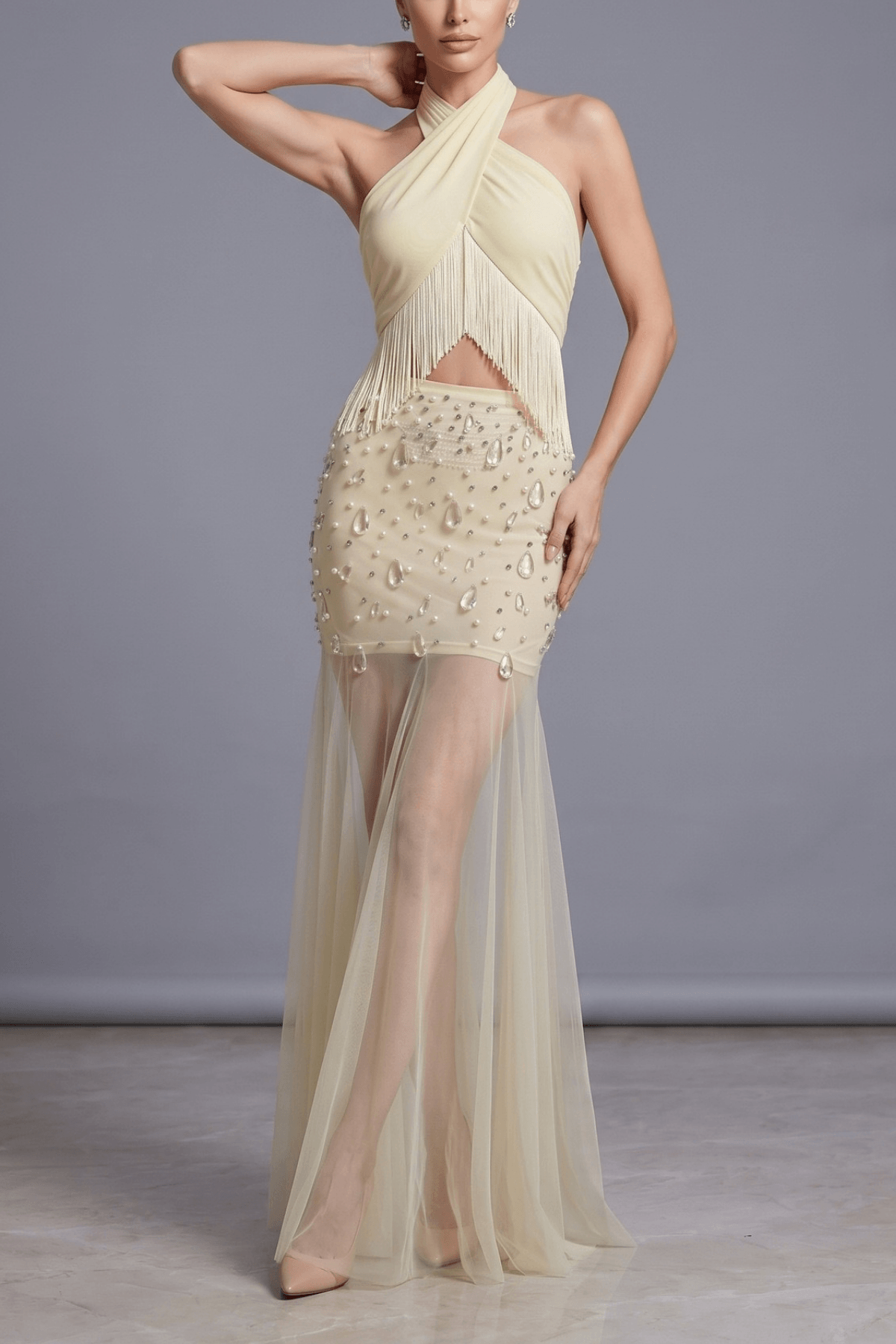 Fiona Halter Fringe Beaded Mesh Maxi Dress Avalabel