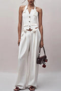 Halter Neck Vest Flower Embellished Pants Suit in Ivory Avalabel